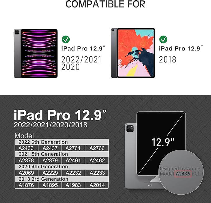 KingBlanc Case for iPad Pro 12.9 6th/5th/4th/3rd Generation 2022/2021/2020/2018 with Pencil Holder Vegan Leather Bicolor Cover Auto Sleep/Wake Support Pencil2 Charging Multi-Angle Viewing Black