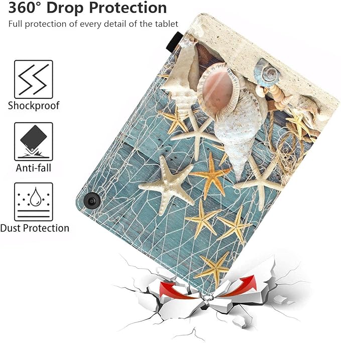 Case for Amazon Fire HD 10 &amp Fire HD 10 Plus Tablet (11th Generation 2021 Release) - Premium PU Leather Cover with Auto Sleep Wake Seashell Conch Starfish