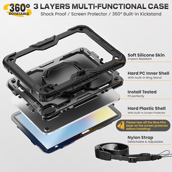 SEYMAC stock Shockproof Tablet Case for iPad (A16) 11th/10th Generation 11''/10.9'' Full-Body Drop Protection Case with Pencil Holder &amp [360 Ring Handle Stand] Screen Protector (Black)