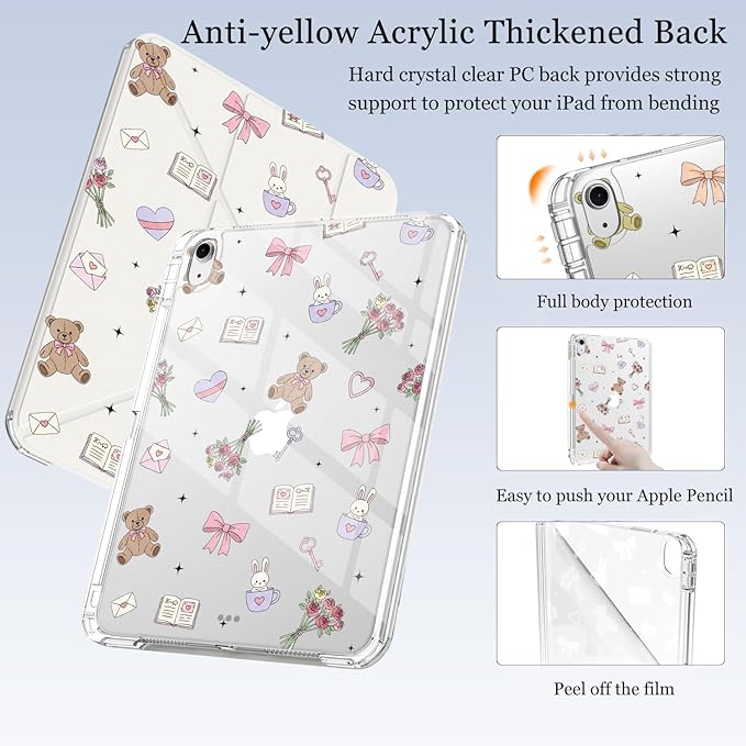 Cute Kawaii Bear Bunny for iPad Air 11 Inch Case 7th/6th Generation (M3/M2) 2025/2024 with Pencil Holder Auto Sleep/Wake White Leather Acrylic Back Detachable Cover
