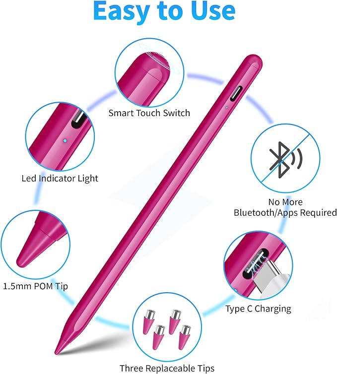 DRYMOKINI Stylus Pen Active Stylus Pen Touch Screens Compatible for Android and iOS Tablet/Phones Rechargeable Universal Stylus Pencil Compatible for A-pple/i-Pad/Phone Tablet BabyPink