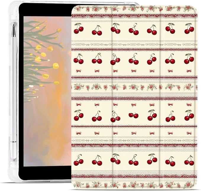 Cute Cherry Case for iPad mini 7 (A17 Pro) 2024 / iPad mini 6 2021 8.3 Inch with Pencil Holder Aesthetic Flower Girly Vintage Design Trifold Stand Leather Protective Cover
