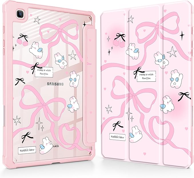 Mektron Case for Samsung Galaxy Tab S6 Lite 10.4 Inch 2024/2022/2020 with S Pen Holder Multi-Angle Viewing with Shockproof Cover Clear Shell + Trifold Stand + Auto Wake/Sleep Pink Bows-Rabbits