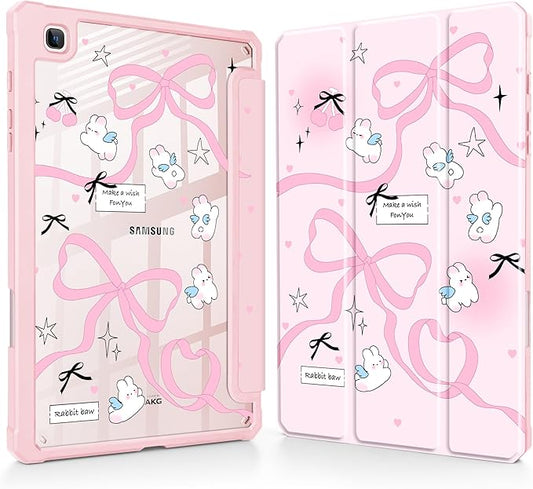Mektron Case for Samsung Galaxy Tab S6 Lite 10.4 Inch 2024/2022/2020 with S Pen Holder Multi-Angle Viewing with Shockproof Cover Clear Shell + Trifold Stand + Auto Wake/Sleep Pink Bows-Rabbits