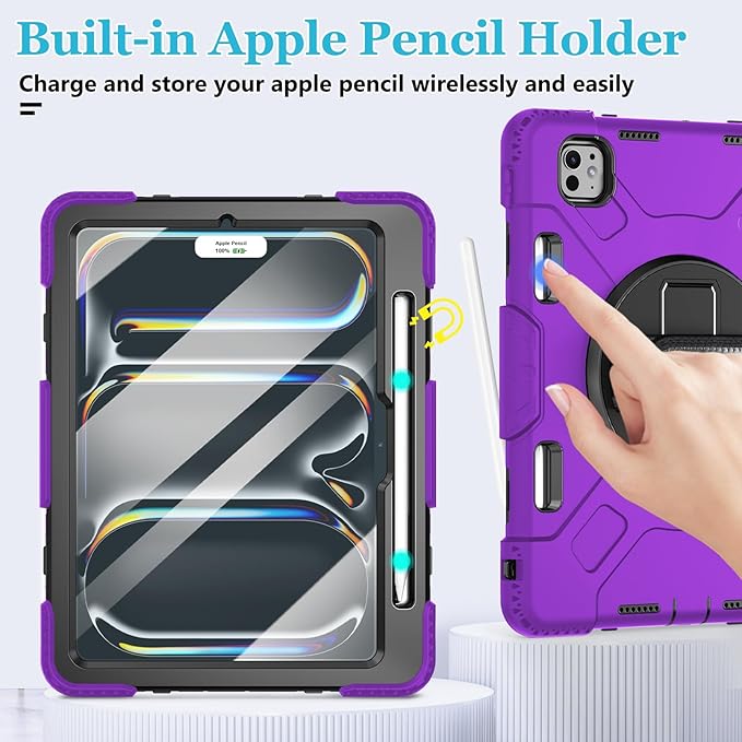 Case for iPad Pro 11 M5 2025/ M4 2024: Protective Cover for iPad Pro 11 Inch 5th Generation with Screen Protector- Stand- Handle- Shoulder Strap- Pencil Holder-Black+Purple