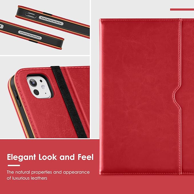 VIKESI Case for iPad Pro 13-inch M5 or M4 Released in 2025 or 2024 Leather Stand Cover with Apple Pencil Holder Auto Wake/Sleep Multiple Viewing Angles Built in Hand Strap &amp PocketRed