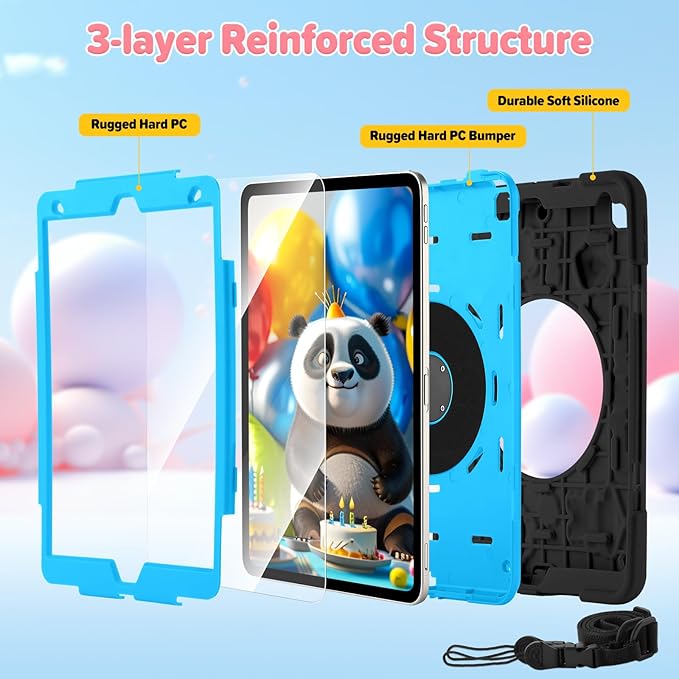 Case for iPad 9th/8th/7th GenerationCute 3D Cool Panda Warrior Design Cover with Screen Protector Rugged Protective Cartoon Case with Stand/Strap/Pen Slot for iPad 10.2 Kids Teens (Black+Blue)