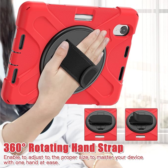 ZenRich Shockproof Case for iPad mini 7 (A17 Pro) 2024/ iPad mini 6th 2022 Heavy Duty Rugged Case with Pencil Holder/360°Rotating Kickstand/Handle/Carrying Shoulder BeltRed