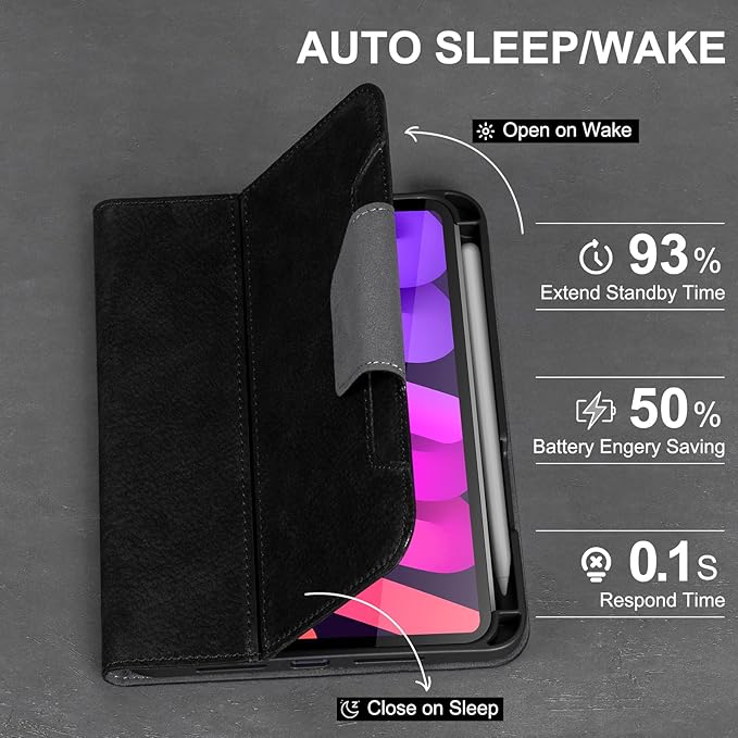 Gexmil Premium Leather Case for iPad mini 7 (A17 Pro) 2024 / iPad mini 6 Generation 2021 8.3 InchPencil Holder Magnetic ClosureShockproof Cowhide CoverAdjustable StandSanded Black