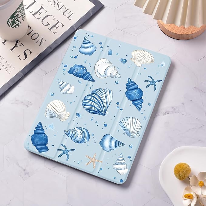 Starfish Seashell Case for iPad 5th/6th Generation(2017/2018) for iPad Air/Air 2 9.7 Inch with Pencil Holder Foldable Blue Leather Cartoon Cover Clear Back Shell Auto Wake/Sleep