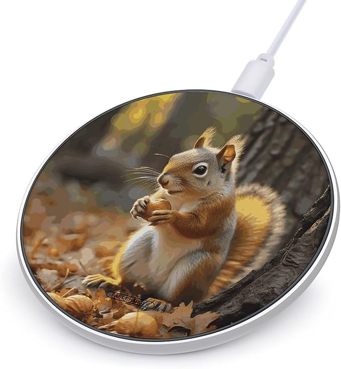 Cute Squirrel Eating Nuts Wireless Charger Fast Wireless Charging Pad with USB Cable 10W Anti-Slip Magnetic Wireless Charger Portable Slim Charger Puck Travel Charging Station