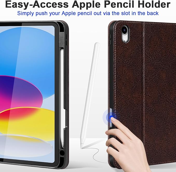 Genuine Leather Case for iPad A16 11th Gen 11 Inch iPad 10th Gen 10.9 Inch Premium Folio Cover with Pencil Holder Auto Wake/Sleep Adjustable Stand Wear-Resistant Protective Case - Mocha Brown