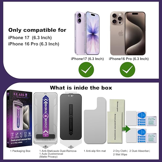 2 Pack Matte Privacy Screen Protector for iPhone 17 &amp iPhone 16 Pro 6.3 9H+ Hardness Anti-Spy Anti-Glare Tempered Glass Smooth Responsive Touch &amp Scratch Resistant Bubble-Free Easy Install