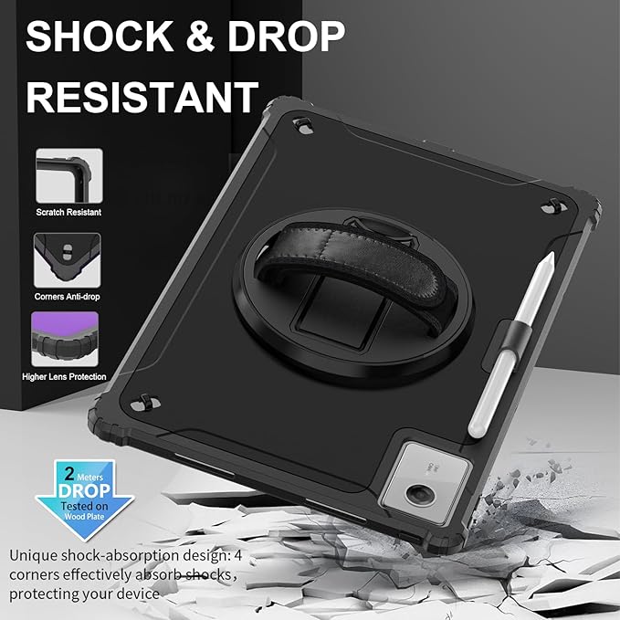 Junfire Protective Case for Lenovo Idea Tab Plus 12.1 inch 2025/Tab K12 Shockproof Hard Shell Idea Tab Plus Case with 360°Rotating Kickstand/Hand Strap/Shoulder Strap/Stylus Holder-Black