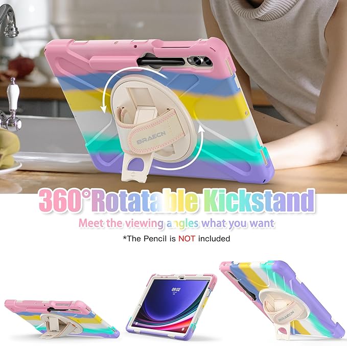 BRAECNstock Kids Case for Samsung Galaxy Tab S10+ Plus/ S9 FE+ Plus/ S9+ Plus/ S8+ Plus/ S7 FE/ S7+ Plus 5G 12.4 Shockproof Protective Cover with Pen Holder Rotating Stand&ampHand Strap - Colorful P