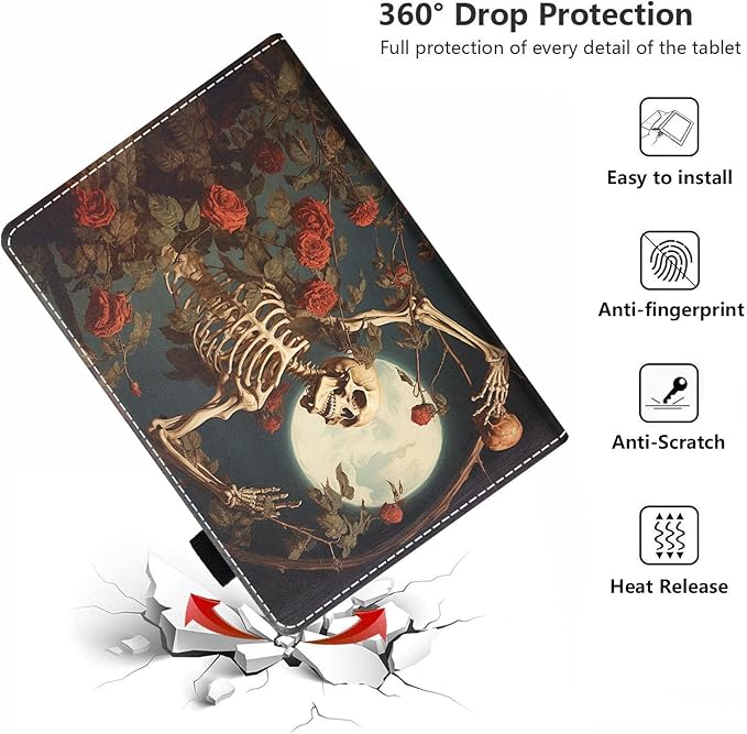 Case for All-New Amazon Kindle Fire HD 10 &amp 10 Plus Tablet 10.1 (13th/11th Generation 2023/2021 Release) - PU Leather Folio Case with Smart Auto Wake/Sleep Skull Roses