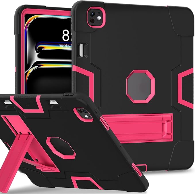 Tablet Case for iPad Pro 13 Inch M4 2024 (Model 7th Generation) Stand Heavy Duty Hard PC Soft Silicone Hybrid Protectice Case for iPad Pro 13” A2925 A2926 A3007 Black/Rose Red