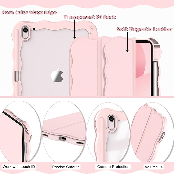 Compatible with iPad (A16) 11th Generation Case 11 Inch 2025 iPad 10th Generation Case 10.9 Inch 2022 with Pencil Holder Wave-Edge Slim Trifold Stand Protective Cover Auto Wake/Sleep Pink