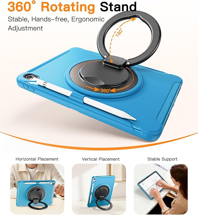 BATYUE Shockproof Case for iPad 10th Gen 10.9 2022 / 11th Gen (A16) 11 2025 | 360° Multi-Angle Stand (Portrait &amp Landscape) &amp Grip Built-in Screen Protector Pencil Holder Lake Blue