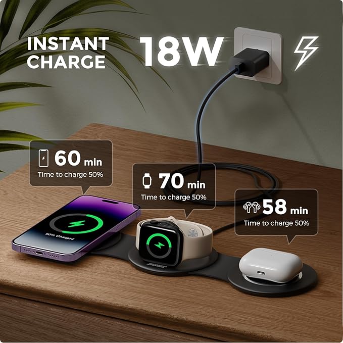 HICOBER 3 in 1 Charging Station for Multiple Apple Devices Compatible with iPhone 17/16/15/14/13 Apple Watch &amp AirPods Foldable Fast Wireless Charger &amp Travel Charger for Home/Office/Trips