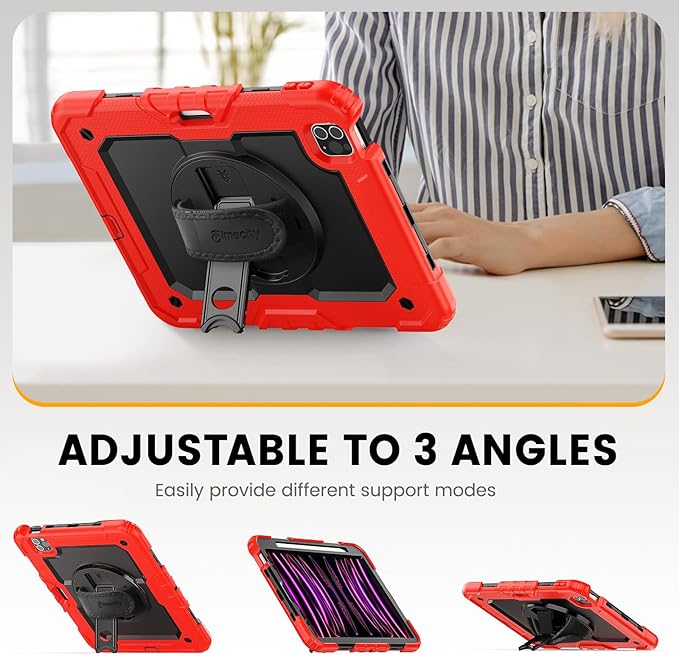 Timecity Case for iPad Pro 11 inch 4th/3rd/2nd/1st Generation 2022/2021/2020/2018 Heavy Duty Protective Case with Screen Protector Swivel Stand Hand/Shoulder StrapPencil Holder Case- Red
