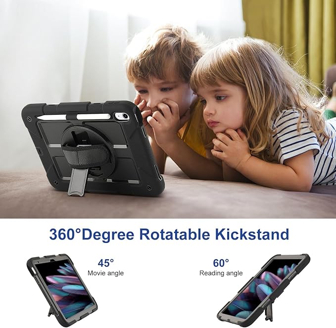 for iPad (A16) 11th Generation case11''(2025)/10th Generation case 10.9'' (2022)360°Rotatable Stand with [Screen Protector&ampPencil Holder&ampShoulder Strap] Shockproof Case (Black)