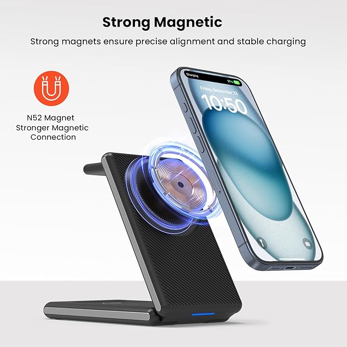 GEEKERA 3 in 1 Magnetic Wireless Charging Station for Fitbit Watch Foldable Wireless Charger Stand for iPhone 16/15/14/13/12 Pro Max Fitbit Watch Versa 4/Versa 3/Sense 2/Sense AirPods 3/2/Pro