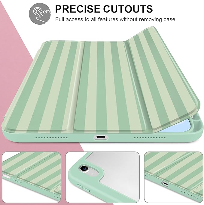 Case for iPad A16 11th Generation 11 inch 2025 iPad 10th Generation 10.9 inch 2022 -[Built-in Pencil Holder] Shockproof Clear Hard Back Trifold Stand Auto Wake/Sleep Green Striped
