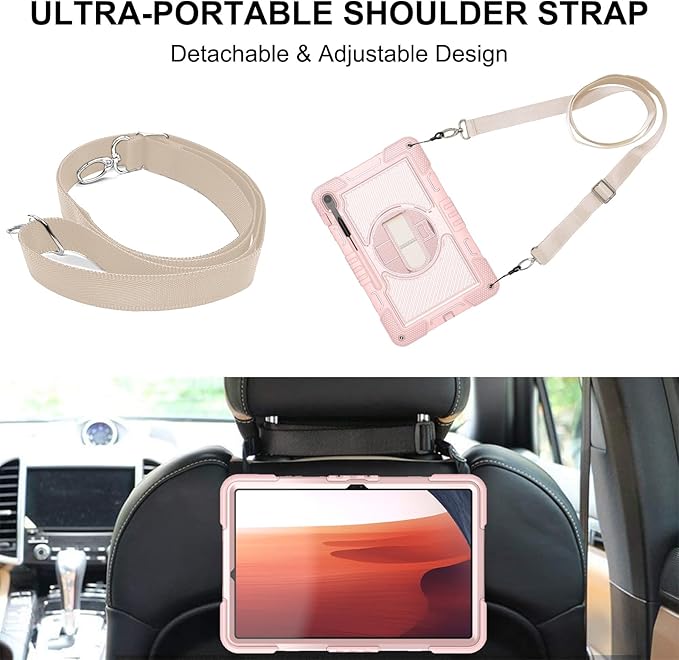 Tablet Case Compatible with Samsung Galaxy Tab S10 FE Plus 13.1 Inch 2025 Model (SM-X620/X626) CaseHeavy Duty Shockproof Rugged Protection Cover Stand &ampHand Strap+Shoulder Strap(Rose Gold)