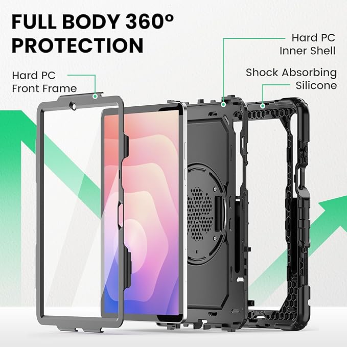 SEYMAC Case for Samsung Galaxy Tab S11 5G 2025 11 Inch Heavy Duty Shockproof Protective Case with Screen Protector 360° Rotating Stand Hand/Shoulder Strap and Pen Holder Black