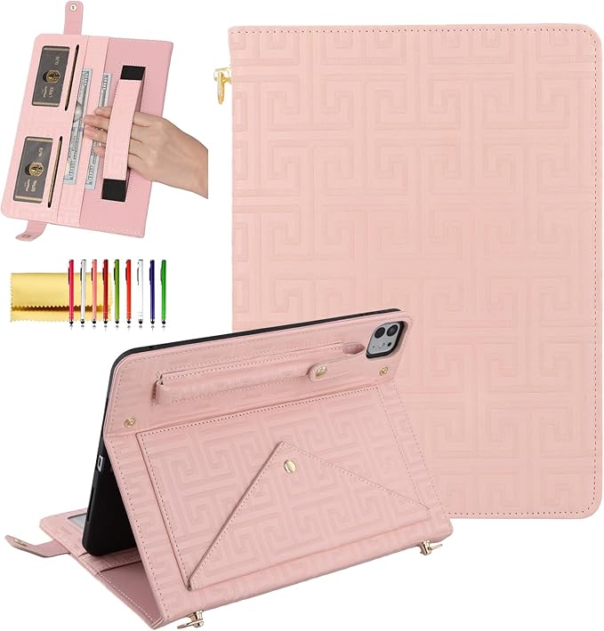 Dteck for iPad Air 13 2024 &amp iPad Pro 12.9 CaseLabyrinth Pattern PU Leather Kickstand Case with Pencil Holder Shoulder Hand Strap Card Pocket Shockproof Protective Magnetic Wallet CasePink