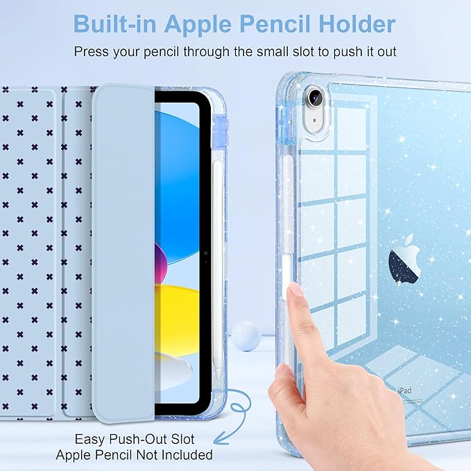 DONGKE for iPad Pro 11 inch Case – Fits M5 2025 / M4 2024 Shockproof Sparkling Glitter Acrylic Back Pencil Holder Trifold Stand Auto Sleep/Wake &amp Touch ID Support - Blue Cross Dot