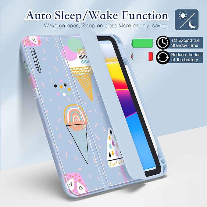 CISSOOK for iPad (A16) 11 inch Case 2025 /iPad 10th Generation 10.9 2022 with Pencil Holder Trifold Stand with Soft TPU + PC Transparent Hard Shell Back Cover Blue Ice Cream