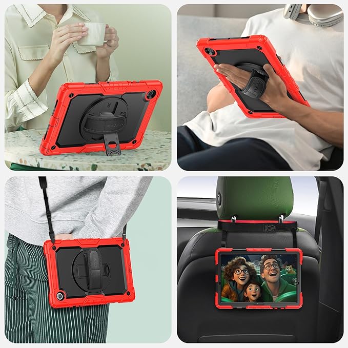 SEYMAC for Samsung Galaxy Tab A8 Case 10.5 Inch (SM-X200/ X205/ X207) Heavy Duty Full-Body Shockproof Protective Case with Screen Protector Rotating Stand Hand/Shoulder Strap and Pen Holder Red