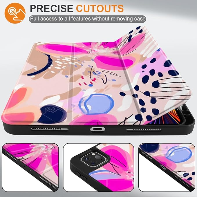 DONGKE Case for 2022/2021/2020/2018 iPad Pro 11 inch Gen 4/3/2/1 - Slim Protective Case - Built in Pencil Holder Support Charging - Trifold Stand &amp Sleep/Wake Cover - Floral Artistic