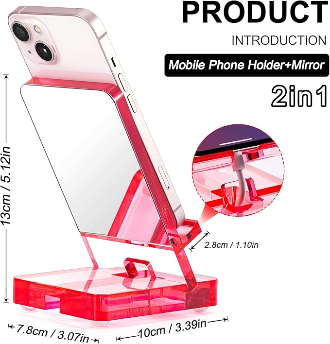 Removable Acrylic Desktop Cell Phone Holder with Flat Mirror (Pink)