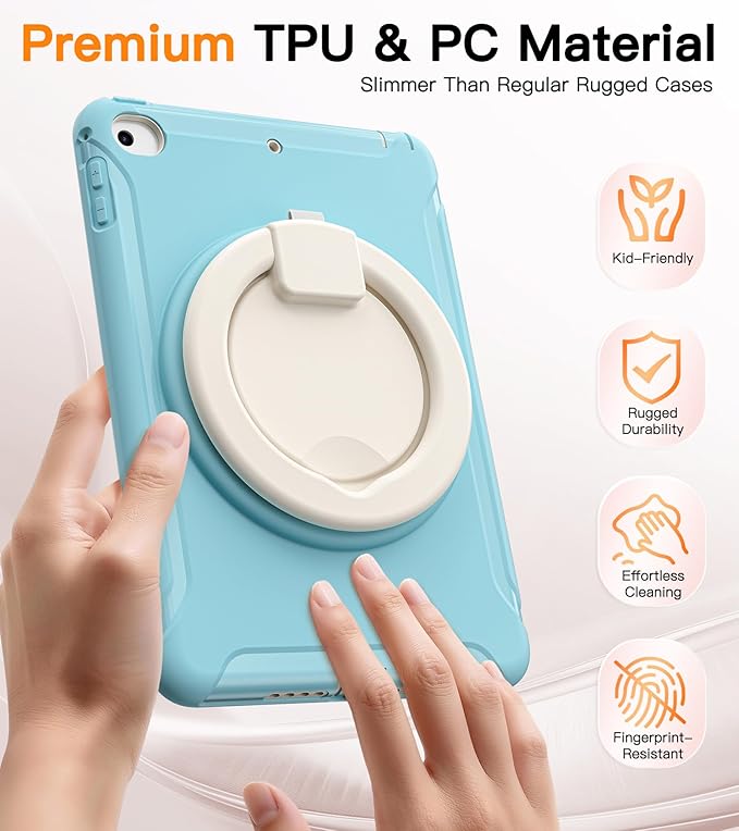 BATYUE Shockproof Case for iPad mini 4/5 (2015/2019) - 360° Multi-Angle Stand (Portrait &amp Landscape) &amp Grip Pencil Holder (Elastic Loop) Multi-Scene for All Ages Frozen Blue
