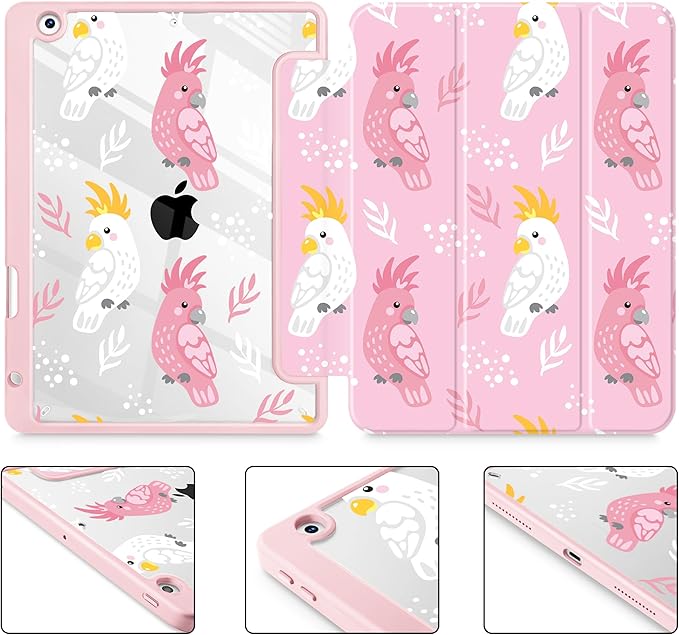 for iPad 9th Generation with Pencil Holder iPad 8th/7th Gen Case 10.2-inch [Built in Pencil Holder] Trifold Stand Auto Wake/Sleep Clear TPU Protection Back Cover Parrots