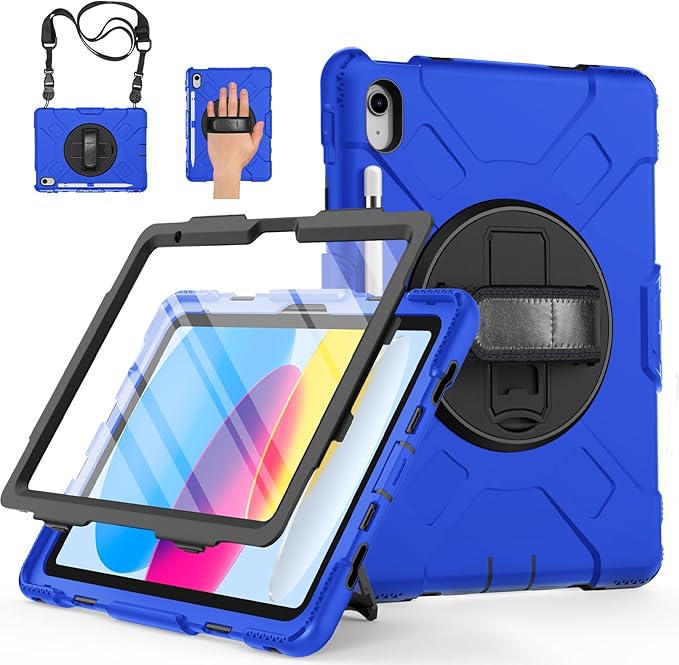 Case for iPad (A16) 11th/10th Generation Case: Protective Cover for iPad 11th Gen 11 Inch 2025 &amp10th Gen 10.9 2022 with Screen Protector- Stand- Shoulder Strap- Handle- Pencil Holder-Black+Blue