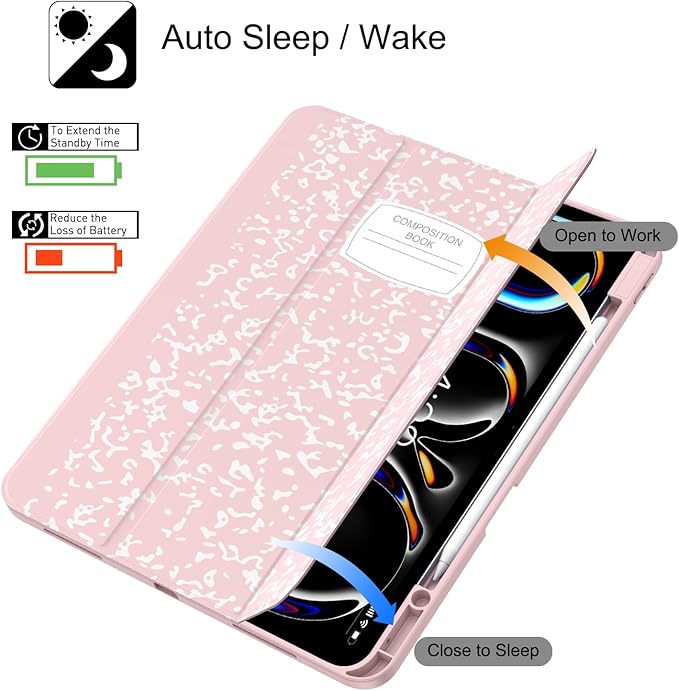 Soke Case for New iPad Pro 13 Inch (M5/M4 2025/2024 Release) with Pencil Holder Trifold Stand Shockproof [Support Apple Pencil Charging + Auto Wake/Sleep] Soft TPU Back Cover Book Pink