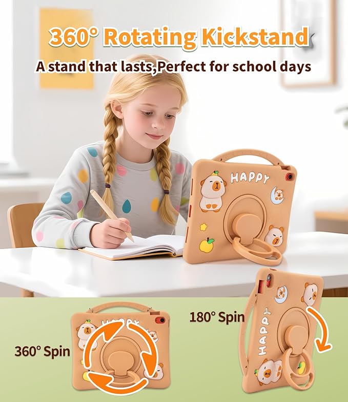 Capybara Kids Case for iPad (A16) 11th Generation 11 inch 2025 / iPad 10th Gen 10.9 2022-3D Cute Silicone Cover for Girls with 360° Rotating Stand Adjustable Strap Pencil Holder-Brown