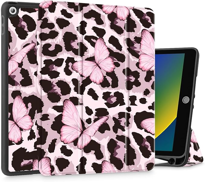 Mektron Designed Printed iPad 10.2 Case 9th Gen (2021)/ 8th Gen (2020)/ 7th Gen (2019) with Pencil Holder Slim Protective Case with Soft TPU Back for iPad 10.2 Inch Leopard Pink Butterfly