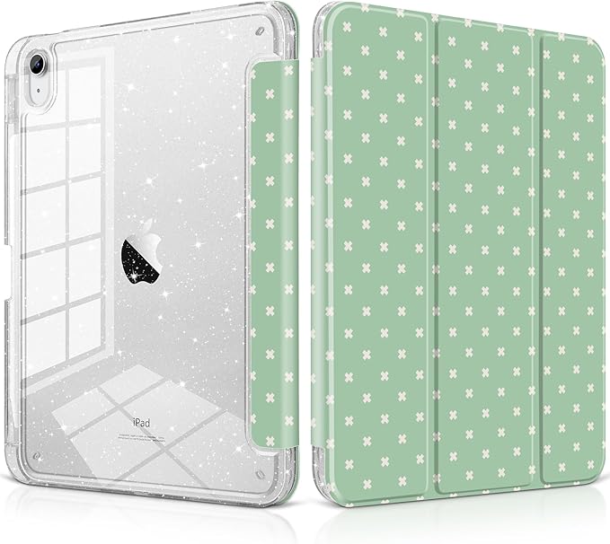DONGKE for iPad Pro 11 inch Case – Fits M5 2025 / M4 2024 Shockproof Sparkling Glitter Acrylic Back Pencil Holder Trifold Stand Auto Sleep/Wake &amp Touch ID Support - Green Cross Dot