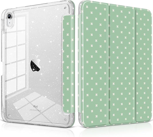 DONGKE for iPad Pro 11 inch Case – Fits M5 2025 / M4 2024 Shockproof Sparkling Glitter Acrylic Back Pencil Holder Trifold Stand Auto Sleep/Wake &amp Touch ID Support - Green Cross Dot