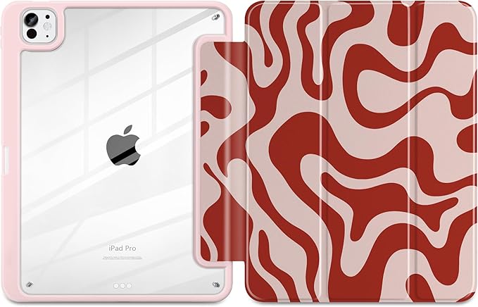 TWOLSKOO Case for iPad Pro 11-inch (M5 2025 / M4 2024) Clear Acrylic Back with TPU Bumper Pencil Holder Trifold Stand Auto Sleep/Wake Red Waves