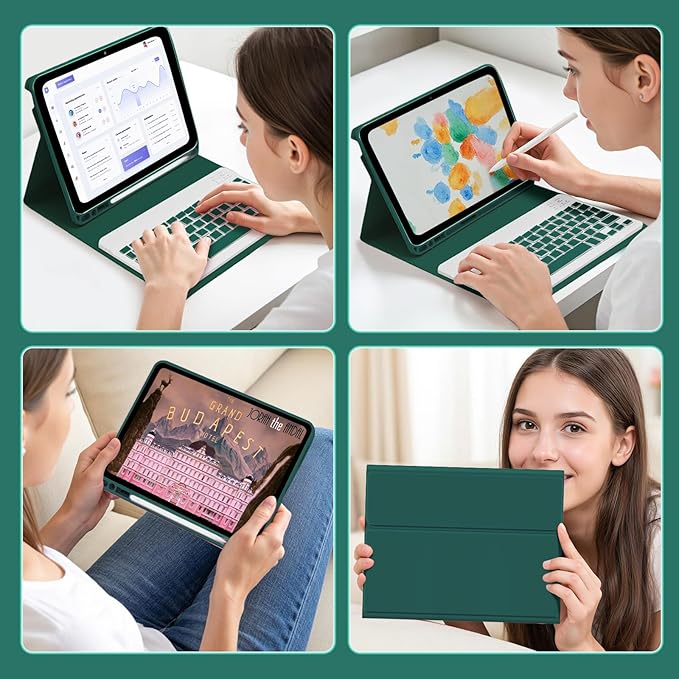 Keyboard Case for Amzaon Fire HD 10/10+ Plus (11/13th Generation) Case with Keyboard - 7 Colors Backlit Keyboard Protective Case and Mouse (Dark Green)