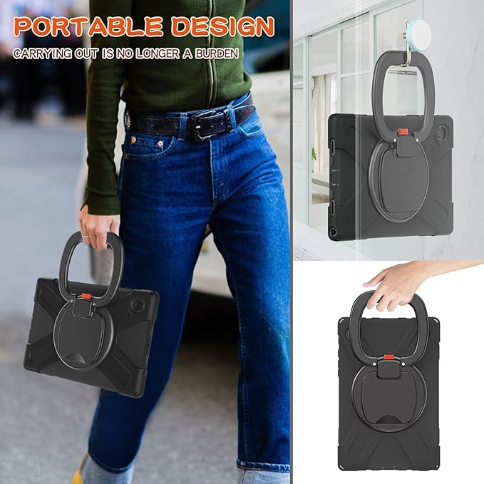Case for Galaxy Tab A8 10.5 2022 (SM-X200/ X205/ X207) Heavy Duty Protective Case with 360 Degree Swivel Stand&ampHand Strap&ampShoulder Strap (Black)