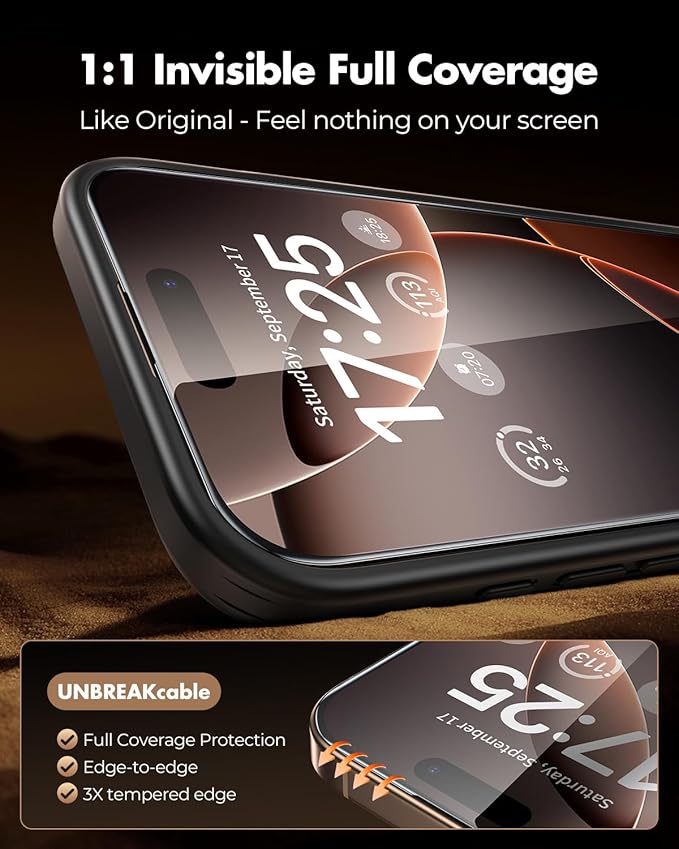 UNBREAKcable 3-Pack for iPhone 16 Pro Max Screen Protector 9H+ Tempered Glass [Easy Installation Frame + Auto Dust-Elimination] [Bubble-Free Shatterproof HD Clear 99.99%] [1:1 Full Coverage]