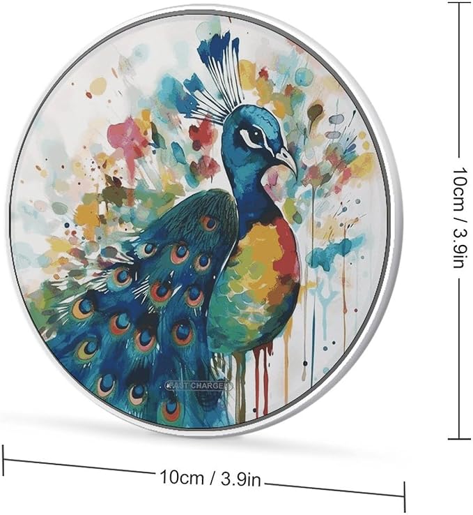 Watercolor Peacock Wireless Charger Fast Wireless Charging Pad with USB Cable 10W Anti-Slip Magnetic Wireless Charger Portable Slim Charger Puck Travel Charging Station