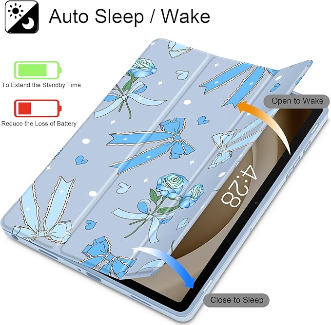 Tuiklol for Samsung Galaxy Tab A9+ Tablet 11” / A9+ Plus 2024 2023Buit-in S-Pen Holder with Clear Protective Cover Transparent Back Shell Auto Wake/Sleep Samsung Tab A9 Plus CoverBow &amp Rose Blue